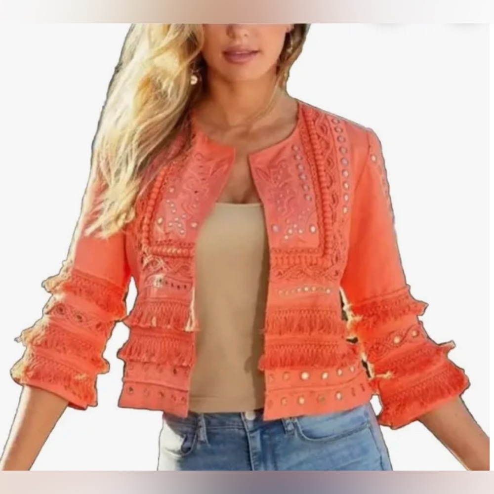 Boston Proper coral/orange jacket, reflective dots, fringe, unique. Womens S. - Picture 3 of 8